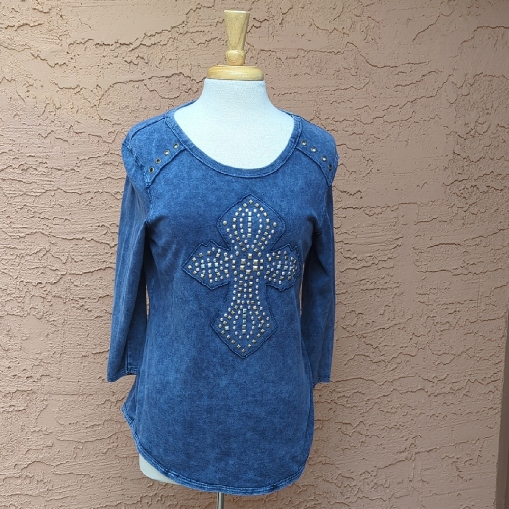 Reba Mineral-Wash Blue Long Sleeve Top with Studded Cross